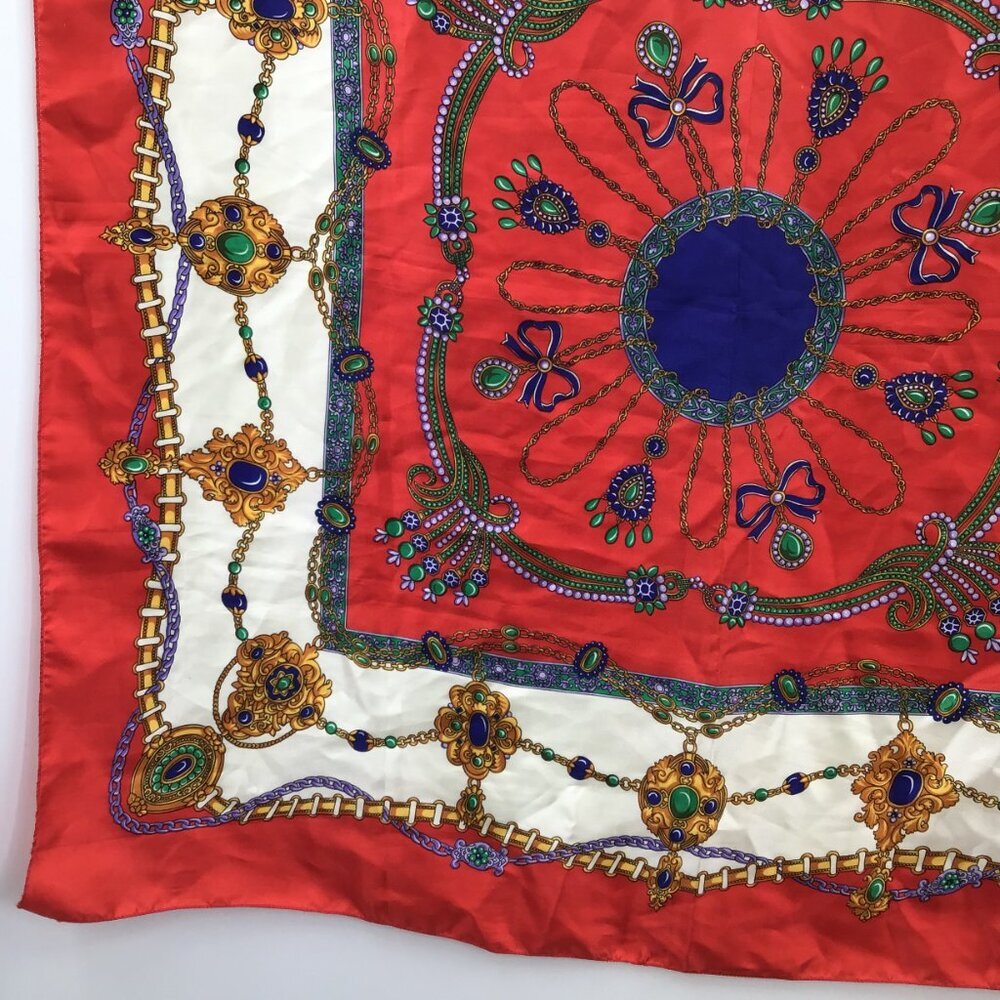 Women's Colorful Vintage Large Square Scarf Jewels Christmas Colors Retro 1980s - Picture 9 of 14